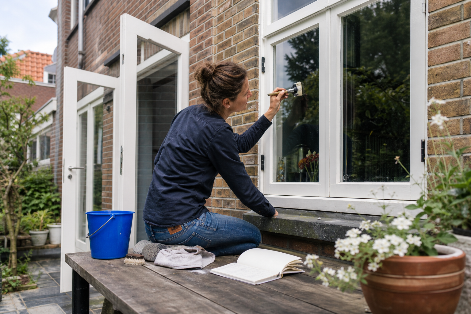 Bewoner reinigt een wit houten buitenkozijn bij een bakstenen huis
