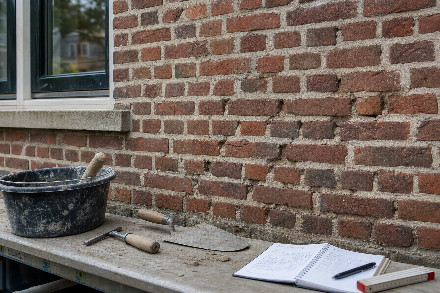 Oude bakstenen gevel met enkele verweerde voegen en een notitieboek voor inspectie