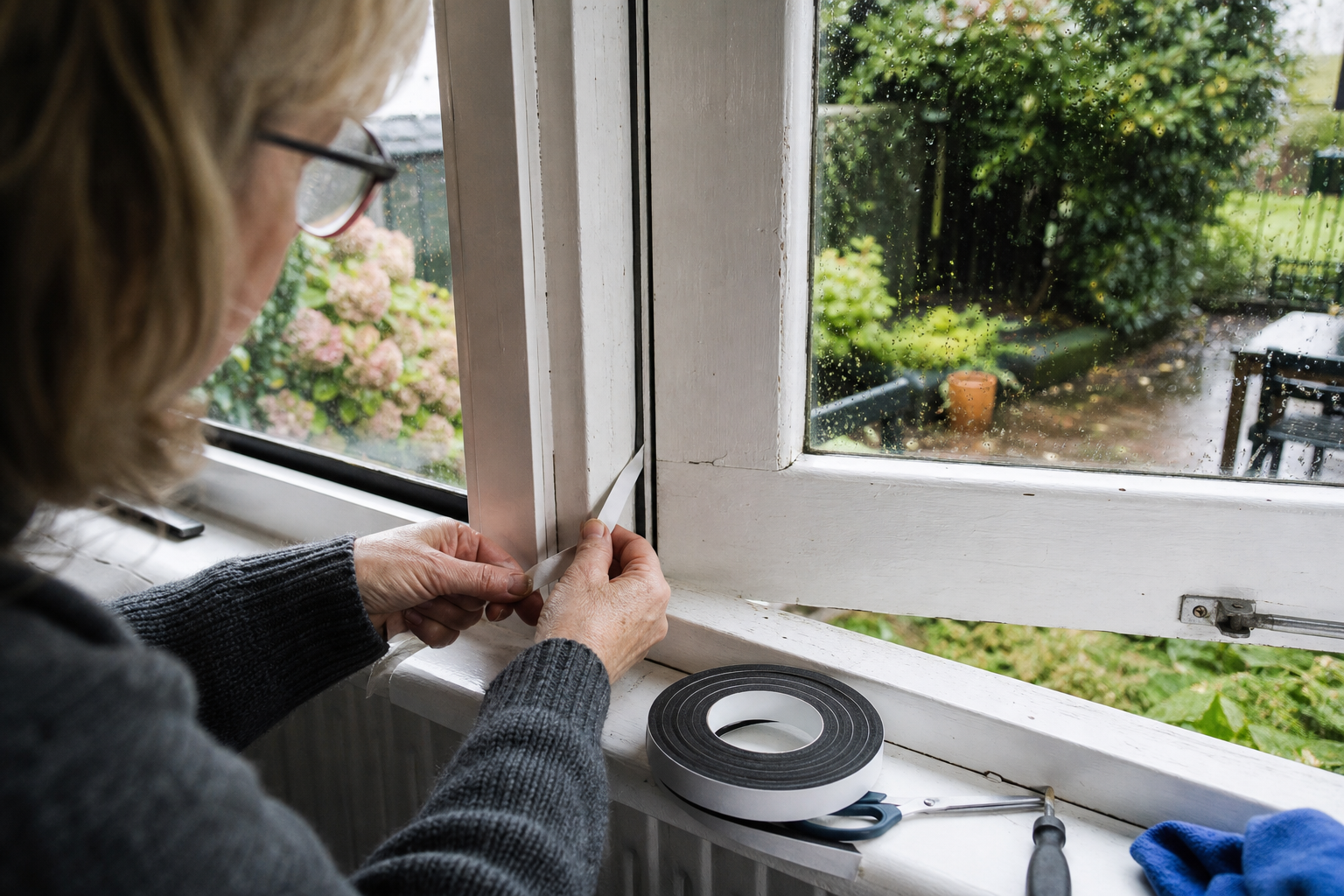 Bewoner brengt kierband aan bij een wit houten raam terwijl buiten regen valt