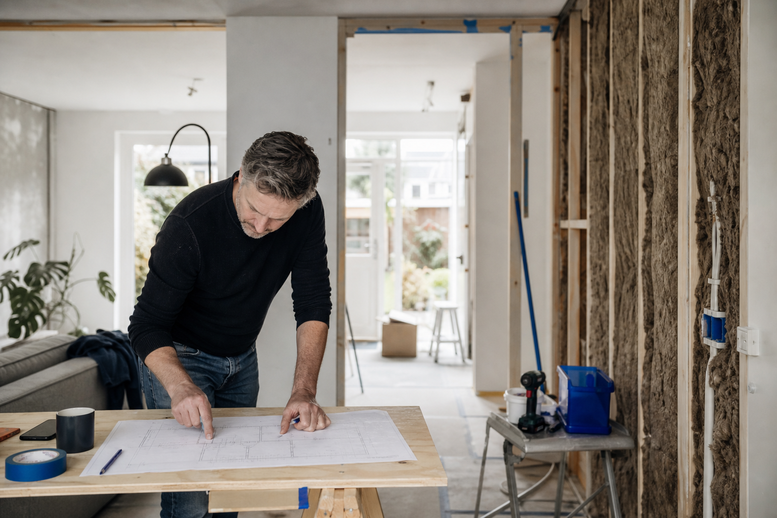 Bewoner bekijkt een plattegrond in een woonkamer waar een wand zorgvuldig wordt verbouwd